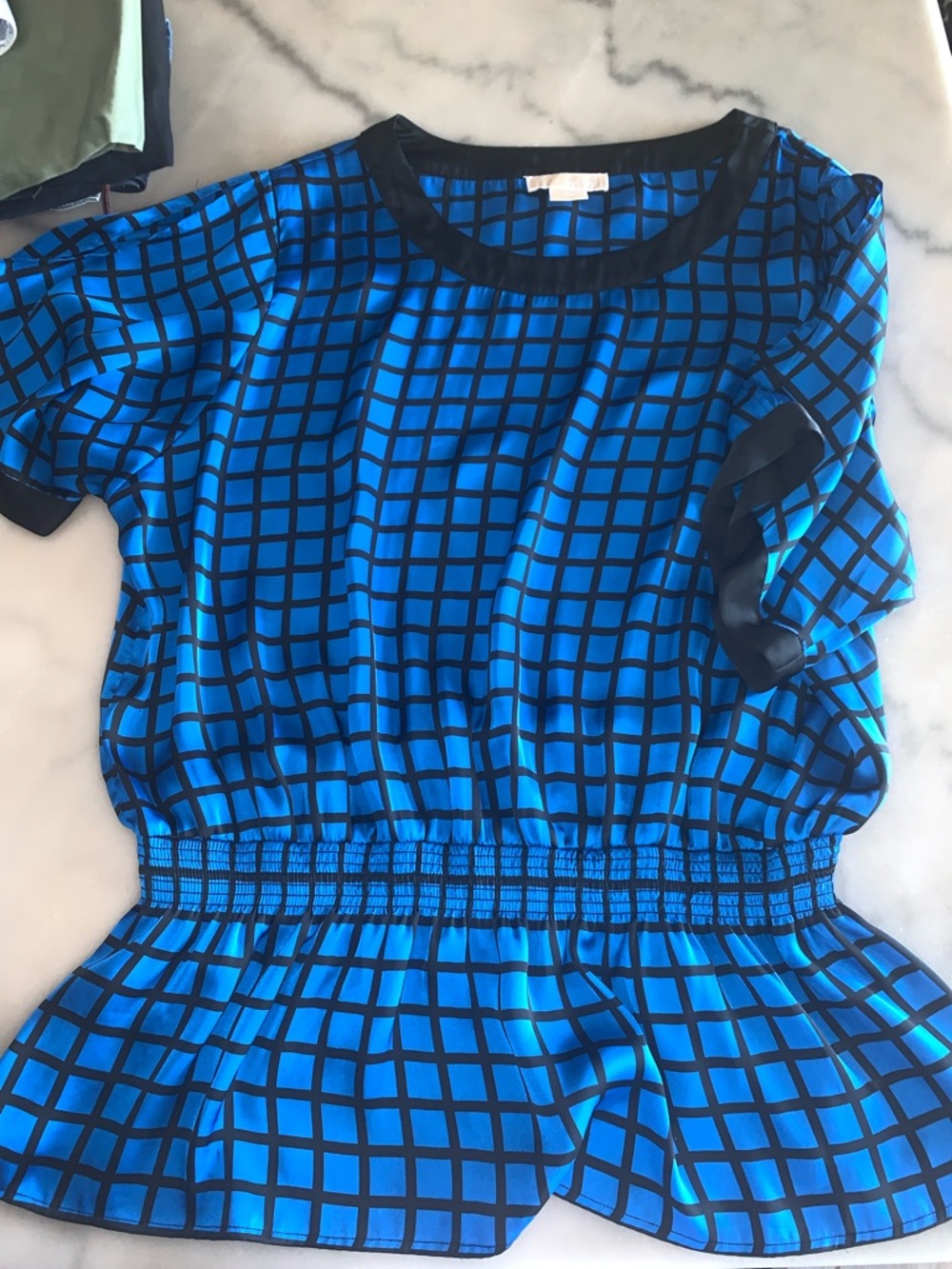 MICHAEL Michael Kors Blue Grid-Print Blouse with Black Trim